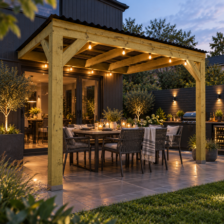 Outdoor wooden pergola with black roof  integrated string lights over a patio dining set, featuring a modern house, plants, and a barbecue grill in the background at dusk.