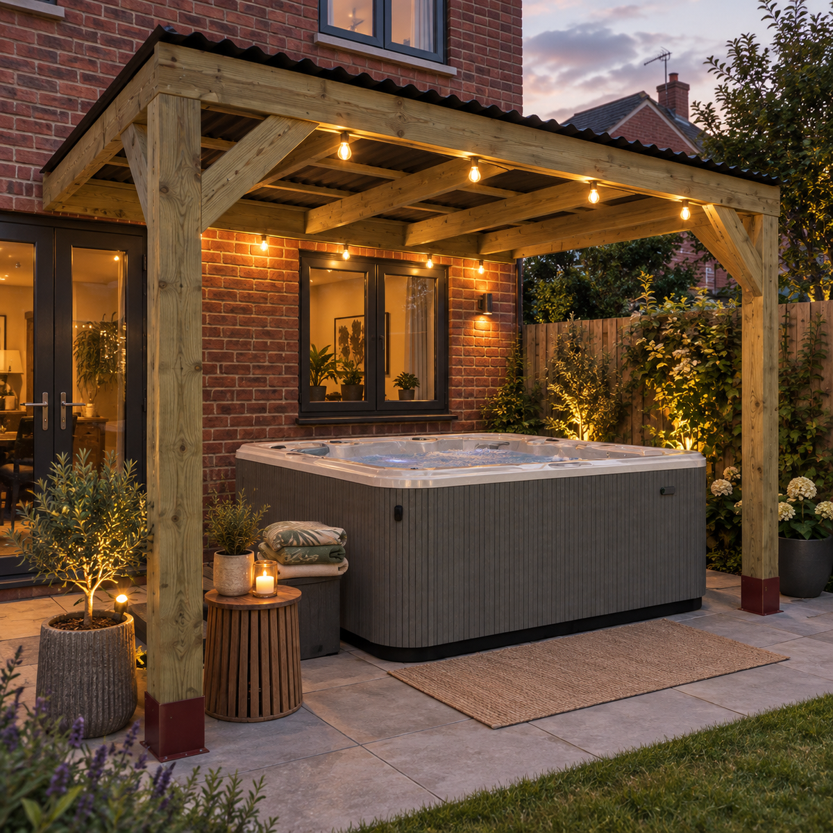 A wooden pergola with black roof integrated string lights is set up in a back garden patio environment next to a hot tub. The scene is illuminated by warm evening lights, with a brick wall, potted plants, and a lawn visible.