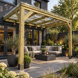 A wooden pergola with a corrugated clear pvc roof over a modern outdoor patio seating area, featuring a gray sectional sofa, coffee table, and potted plants in a landscaped garden.