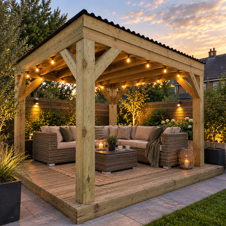 A large wooden garden pergola with black roof, integrated string lights, supporting an outdoor patio set with wicker sofas, a coffee table, and a rug in a landscaped backyard at dusk.
