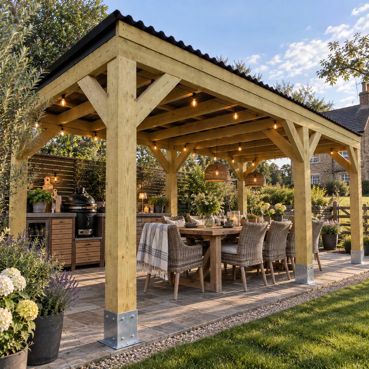 A large wooden outdoor patio pergola with a black roof, shown in a landscaped backyard. Underneath, a wooden dining table and wicker chairs are arranged with string lights and pendant lamps.