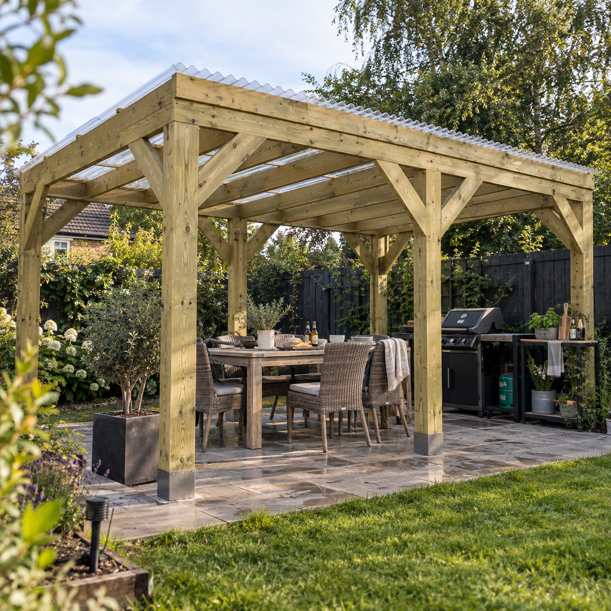 A large wooden outdoor patio pergola with a corrugated clear roof, set in a landscaped uk back garden with a dining table, chairs, a grill, and green grass.