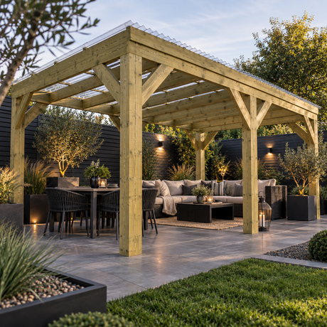 Pressure treated wooden pergola with chunky posts featured in a contemporary dark garden — charcoal horizontal fencing, large-format grey paving, dark planters, grasses and olive trees.