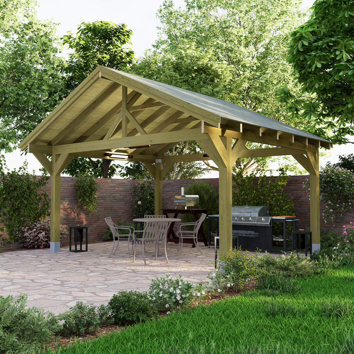 large wooden gazebo kit with shingle roof