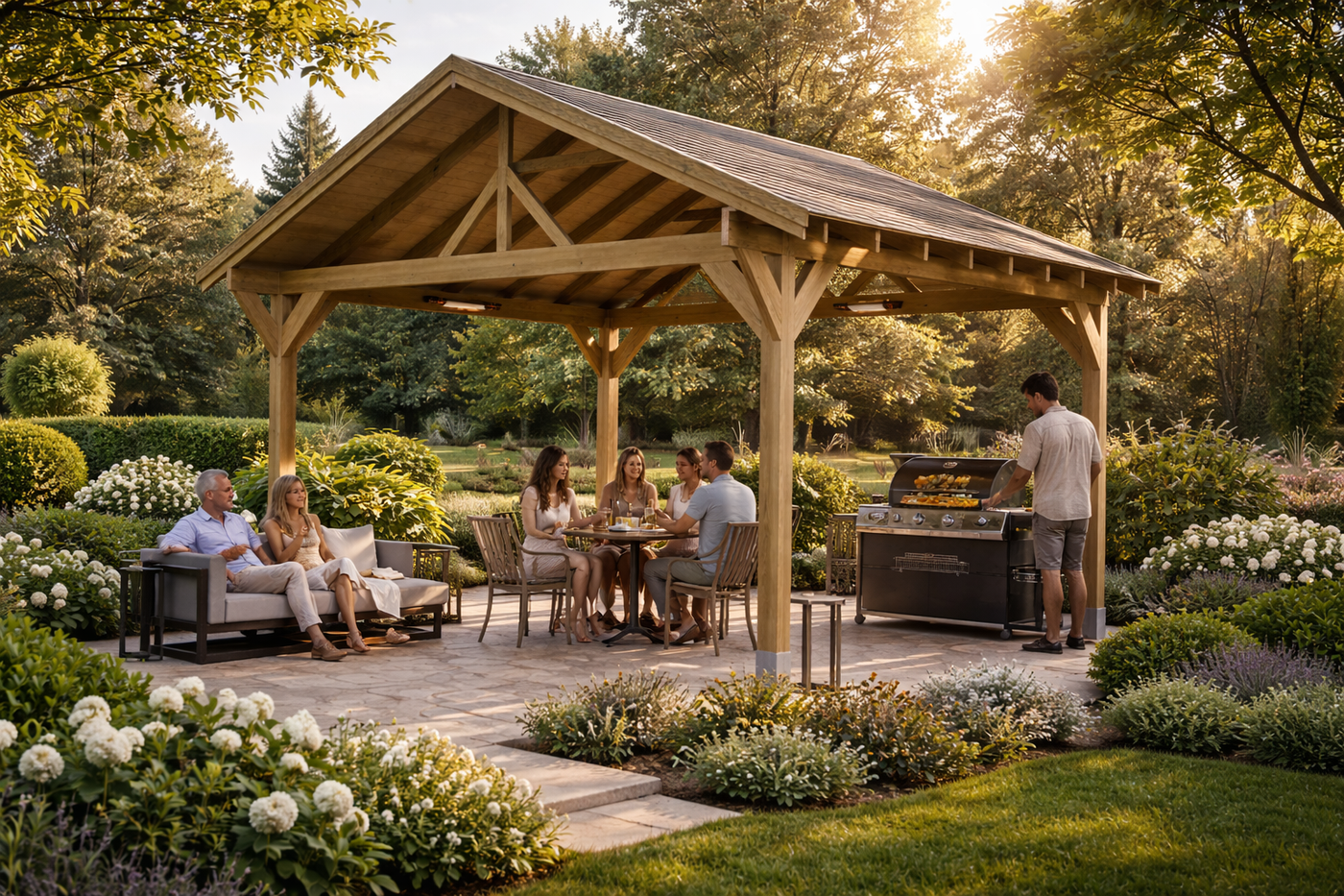 large wooden gazebo with roof